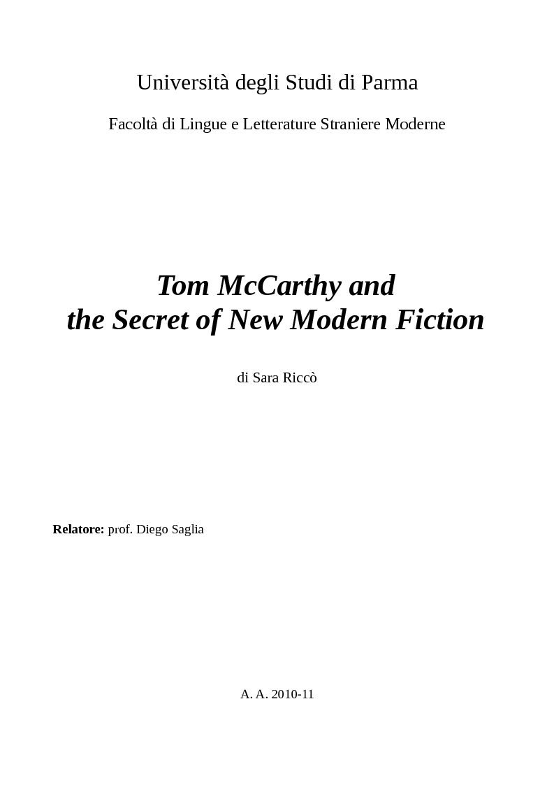 Anteprima della tesi: Tom McCarthy and the Secret of New Modern Fiction, Pagina 1