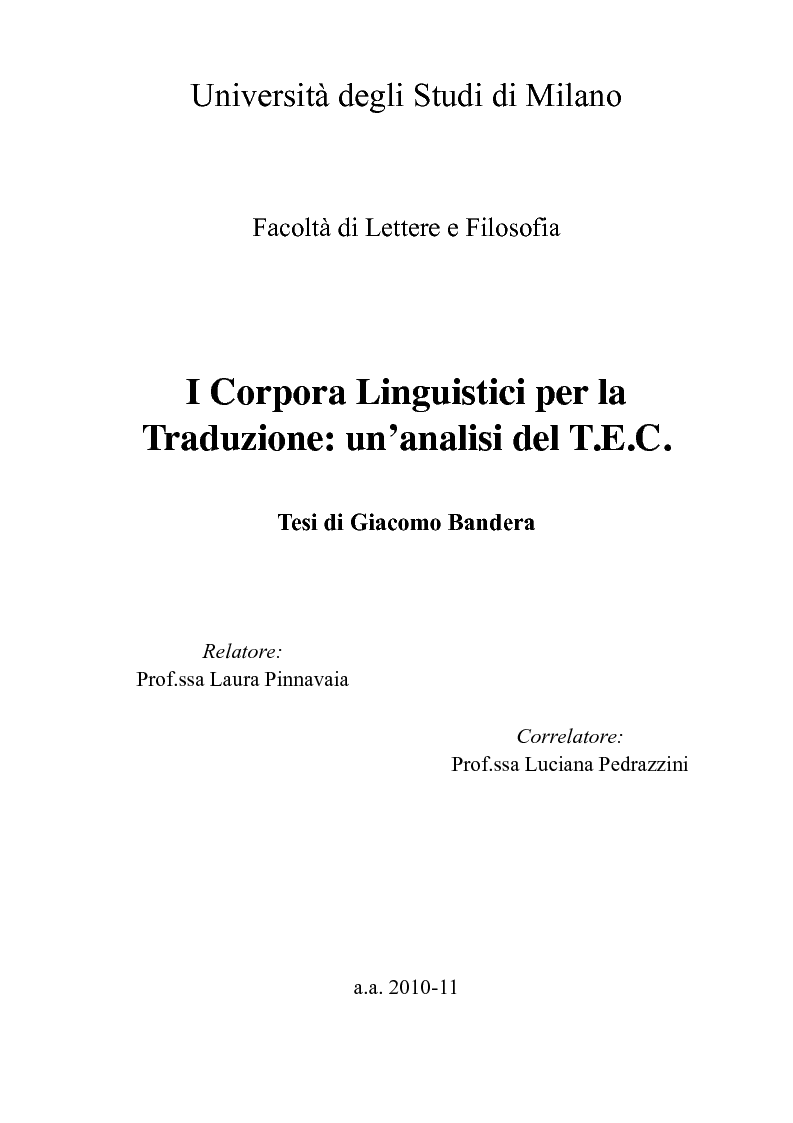 Anteprima della tesi: I Corpora Linguistici per la Traduzione: Un'Analisi del T.E.C., Pagina 1