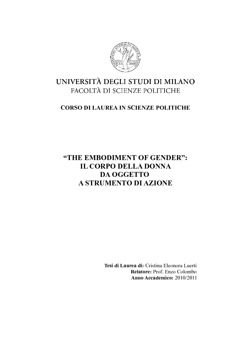 Anteprima della tesi: ''The embodiment of gender'': il corpo della donna da oggetto a strumento di azione, Pagina 1
