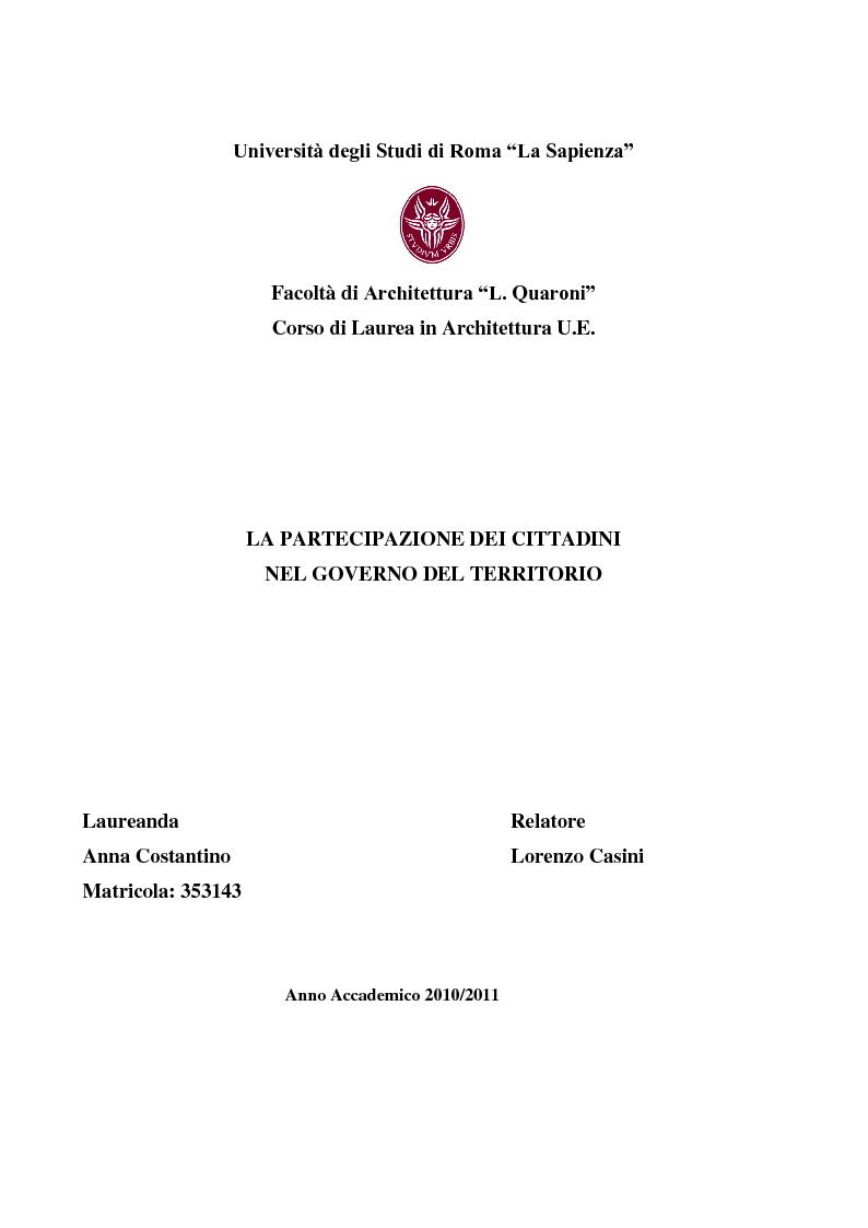 Anteprima della tesi: La partecipazione dei cittadini nel governo del territorio, Pagina 1