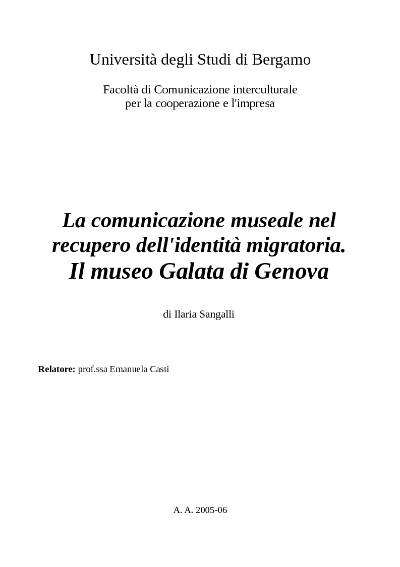 Anteprima della tesi: La comunicazione museale nel recupero dell'identità migratoria. Il museo Galata di Genova., Pagina 1