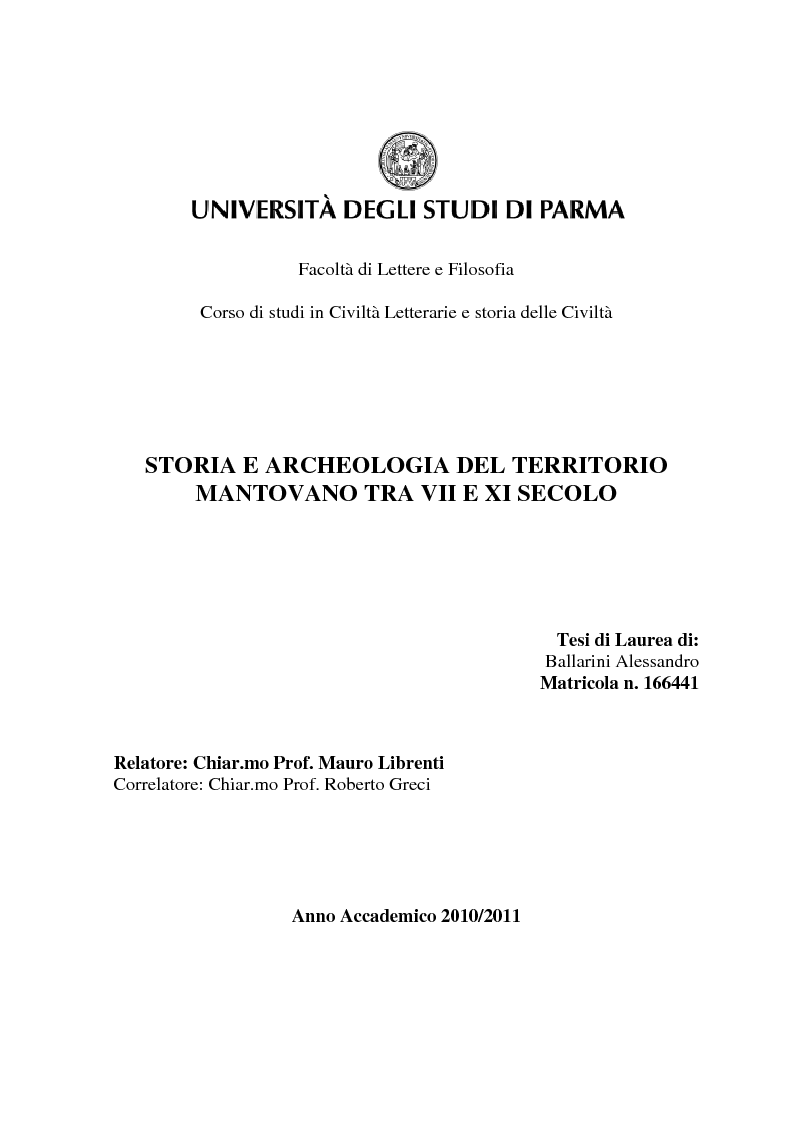 Anteprima della tesi: Storia e Archeologia del territorio Mantovano tra VII e XI secolo, Pagina 1