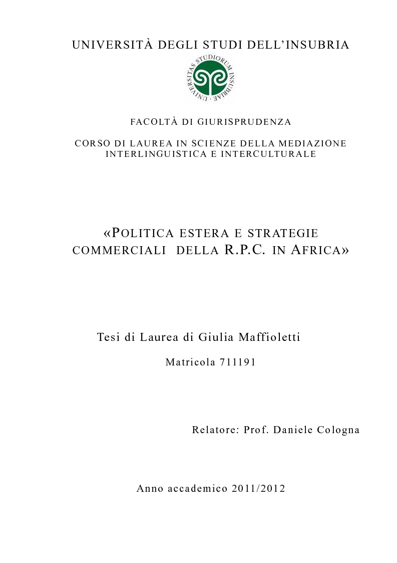 Anteprima della tesi: Politica estera e strategie commerciali della RPC in Africa, Pagina 1
