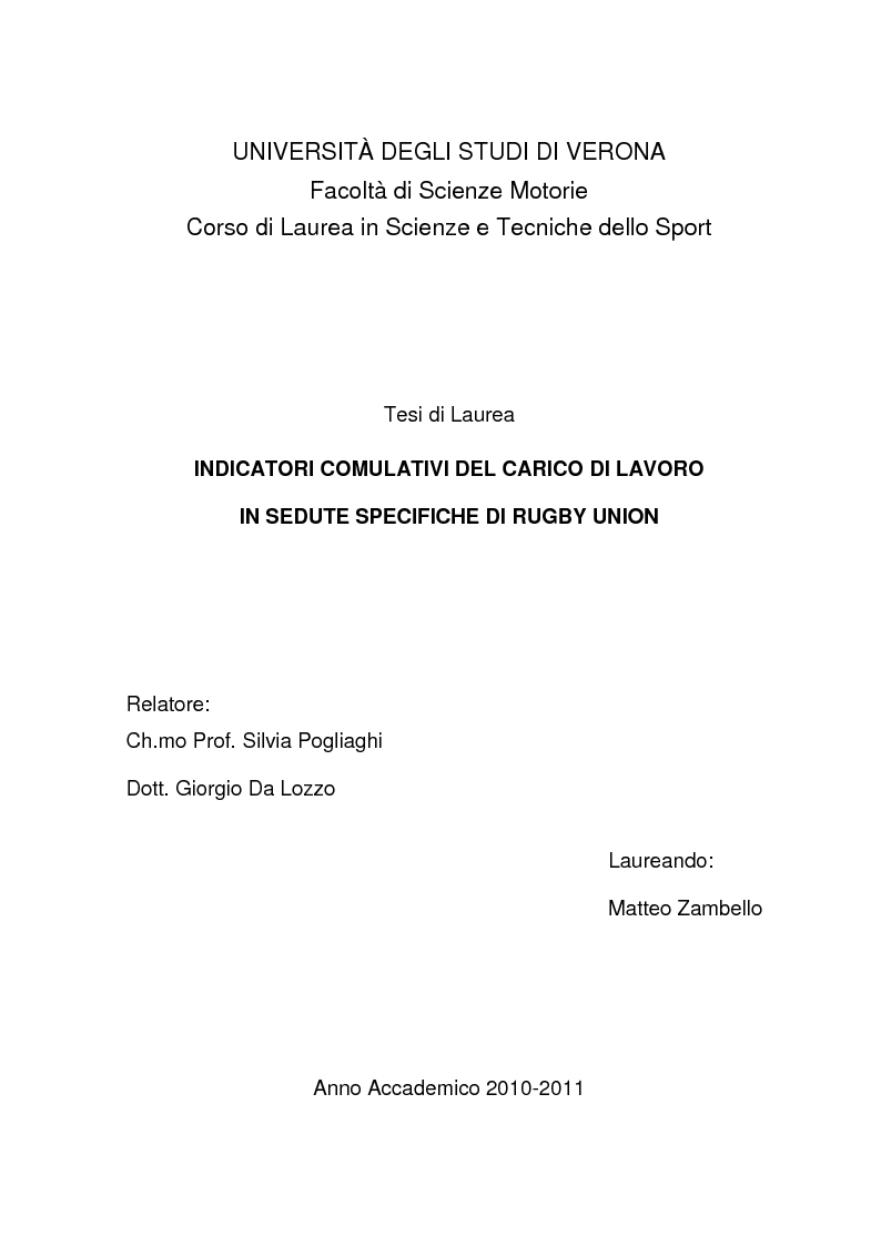 Anteprima della tesi: Indicatori comulativi del carico di lavoro in sedute specifiche di Rugby Union, Pagina 1