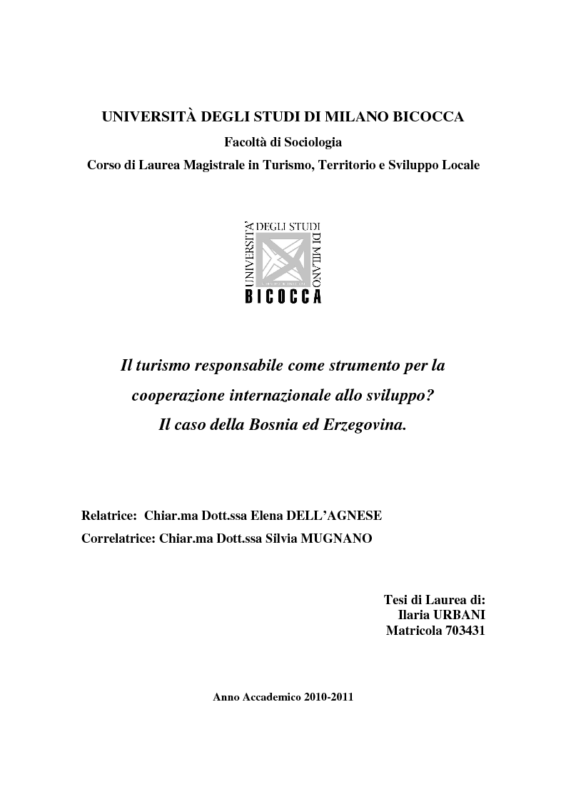 Anteprima della tesi: Il turismo responsabile come strumento per la cooperazione internazionale allo sviluppo? Il caso della Bosnia ed Erzegovina, Pagina 1