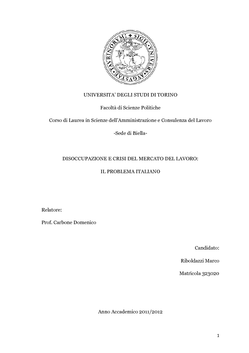 Anteprima della tesi: Disoccupazione e crisi del mercato del lavoro: il problema italiano, Pagina 1