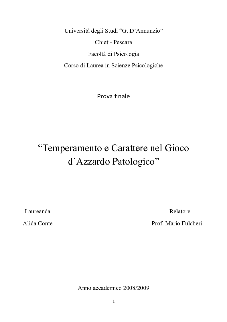 Anteprima della tesi: Temperamento e Carattere nel Gioco d'Azzardo Patologico, Pagina 1