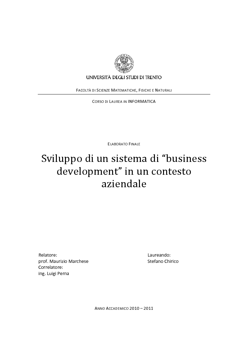 Anteprima della tesi: Sviluppo di un sistema di ''business development'' in un contesto aziendale, Pagina 1
