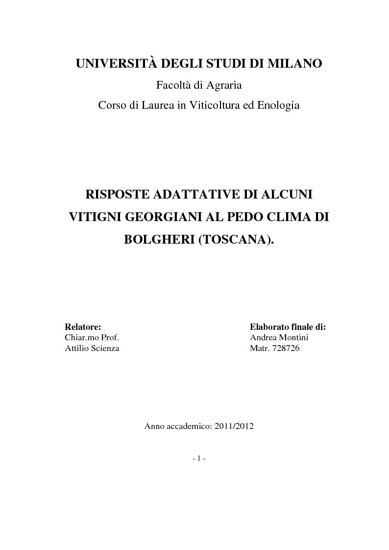 Anteprima della tesi: Risposte adattative di alcuni vitigni georgiani al pedo clima di Bolgheri (Toscana), Pagina 1