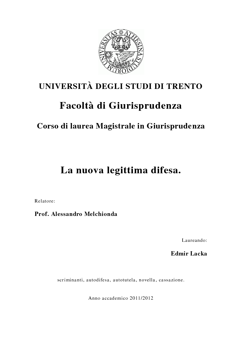 Anteprima della tesi: La nuova legittima difesa, Pagina 1