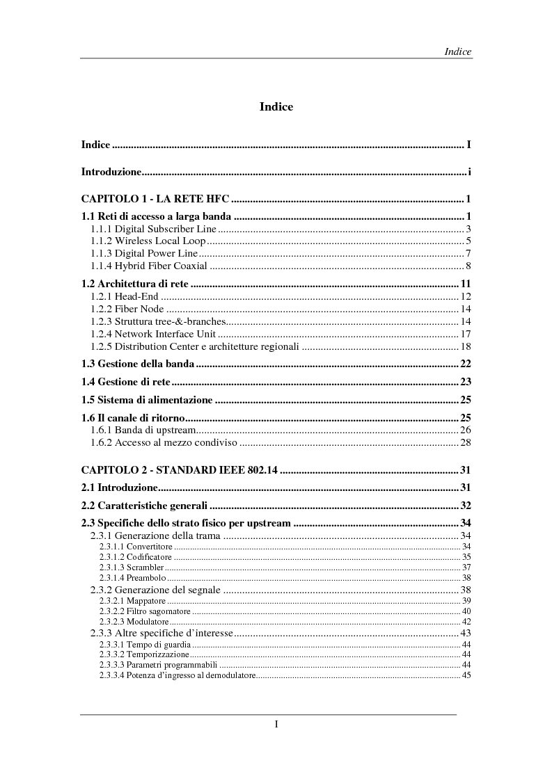 Indice della tesi: Tecniche avanzate di demodulazione e codifica per upstream HFC, Pagina 1