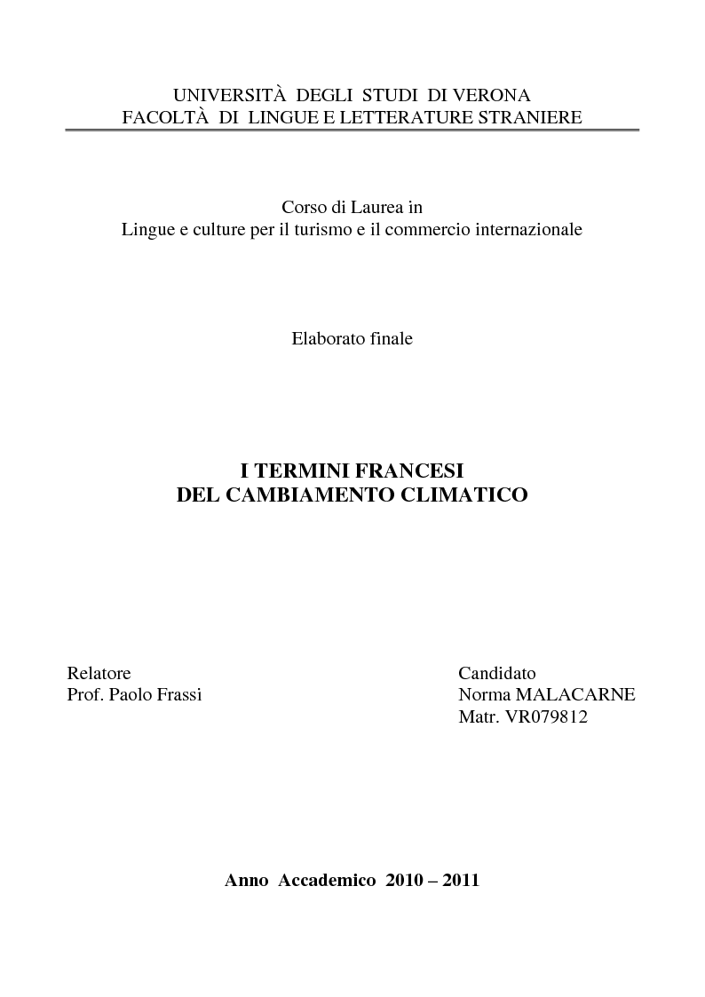 Anteprima della tesi: I termini francesi del cambiamento climatico, Pagina 1