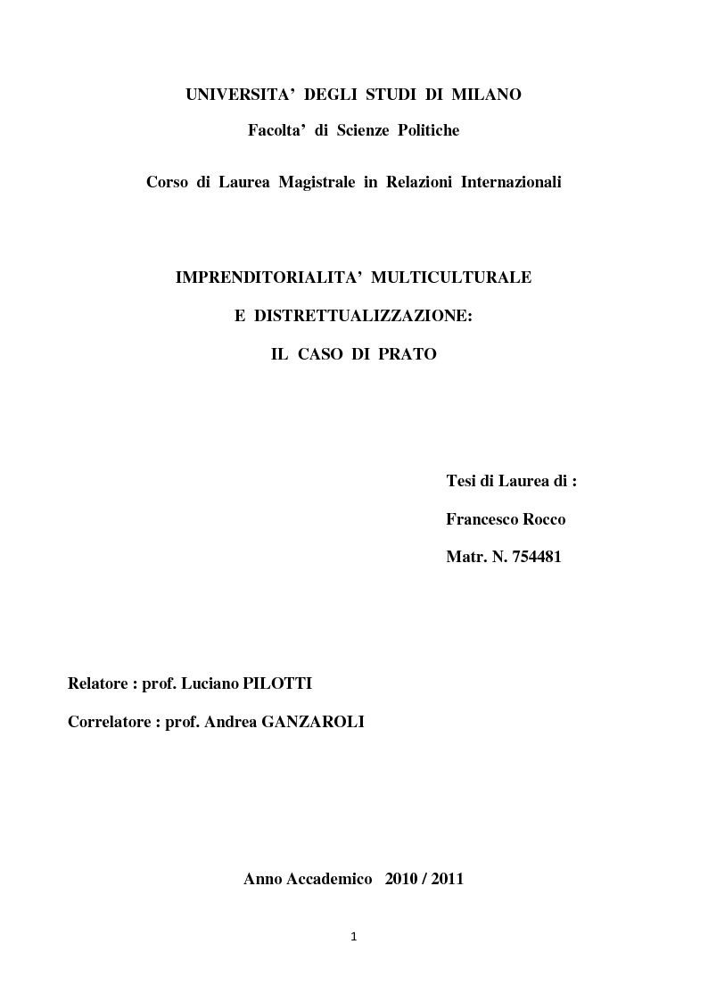 Anteprima della tesi: Imprenditorialità multiculturale e distrettualizzazione: il caso di Prato, Pagina 1