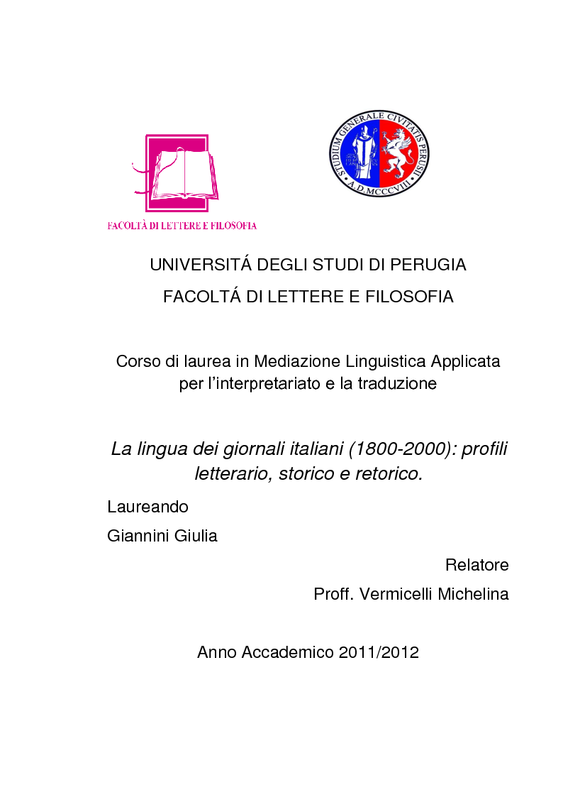 Anteprima della tesi: La lingua dei giornali italiani (1800-2000): profili letterario, storico e retorico., Pagina 1
