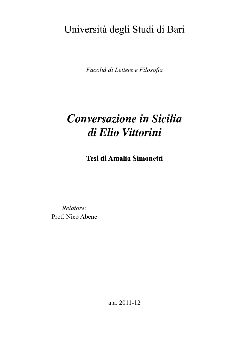 Anteprima della tesi: "Conversazione in Sicilia" di Elio Vittorini, Pagina 1