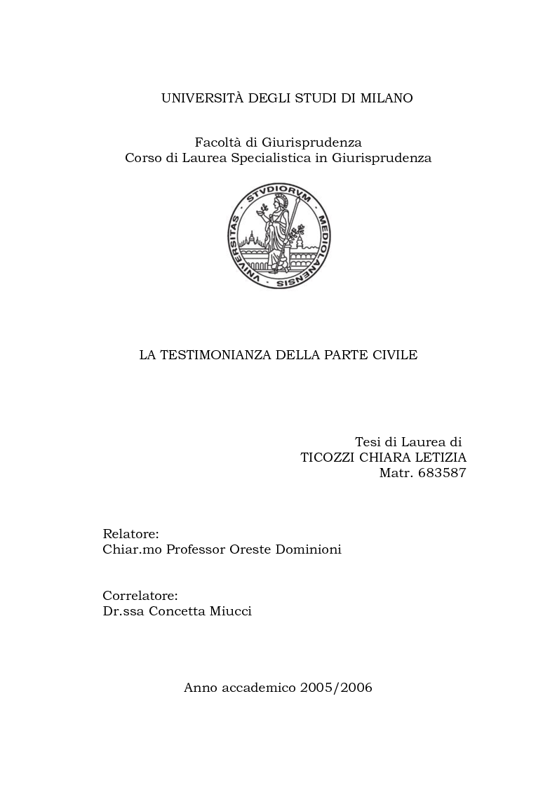 Anteprima della tesi: La testimonianza della parte civile, Pagina 1