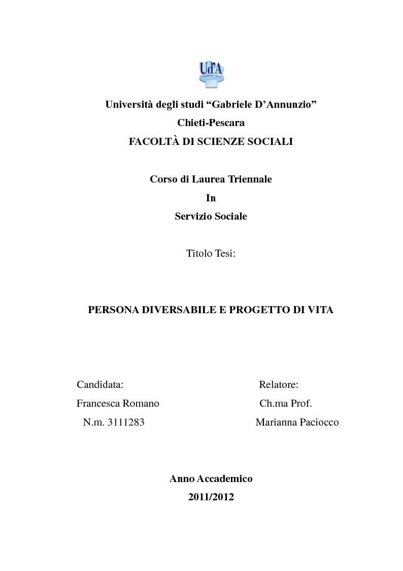 Anteprima della tesi: Persona diversabile e progetto di vita, Pagina 1