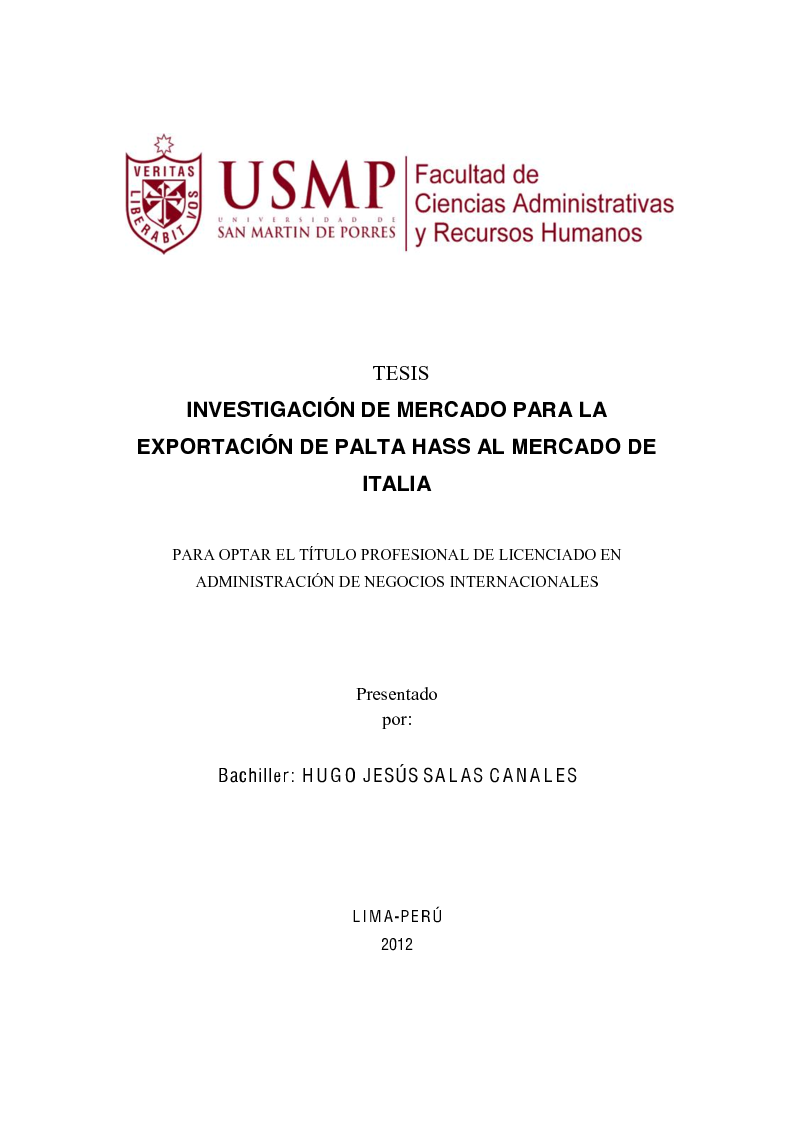 Anteprima della tesi: Investigación de mercado para la exportación de palta Hass al mercado de Italia (Ricerca di mercato per l'esportazione dell'avocado Hass al mercato di Italia), Pagina 1