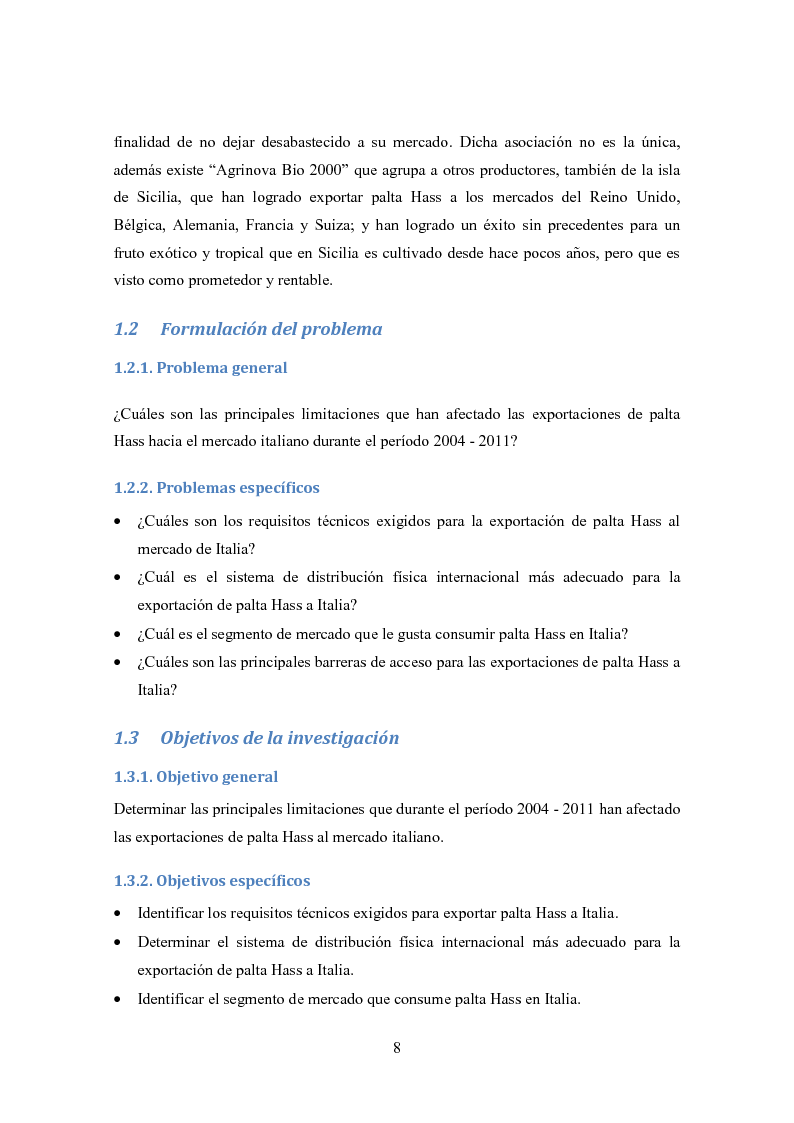 Anteprima della tesi: Investigación de mercado para la exportación de palta Hass al mercado de Italia (Ricerca di mercato per l'esportazione dell'avocado Hass al mercato di Italia), Pagina 5