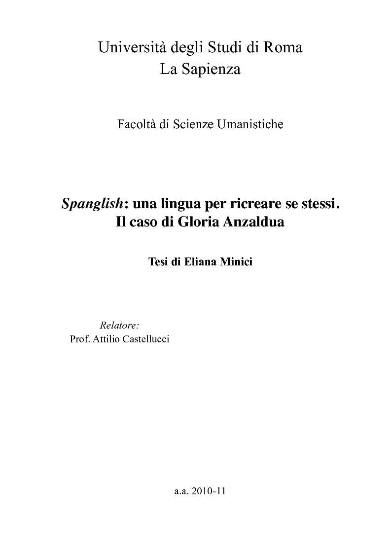 Anteprima della tesi: Spanglish: una lingua per ricreare se stessi. Il caso di Gloria Anzaldua., Pagina 1