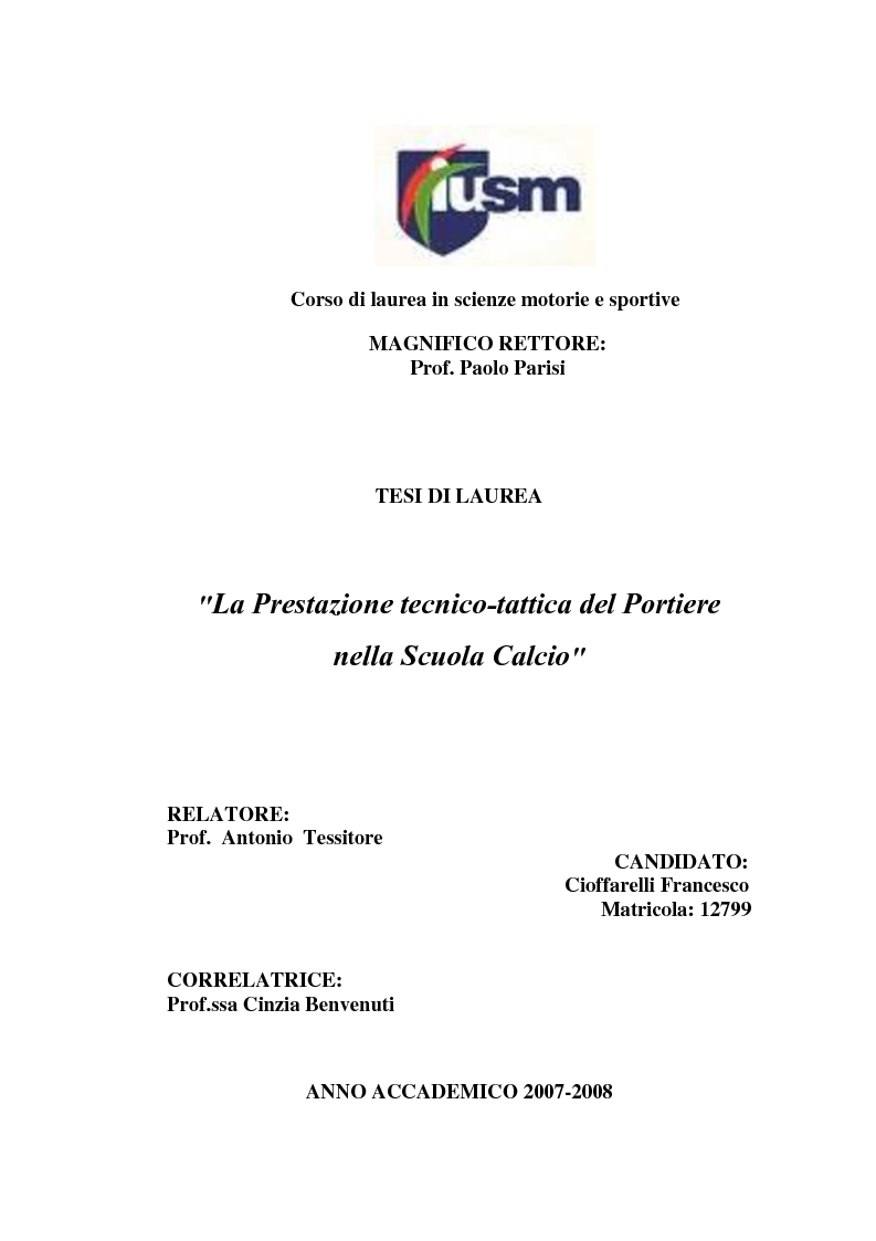 Anteprima della tesi: La Prestazione tecnico-tattica del Portiere nella Scuola Calcio, Pagina 1