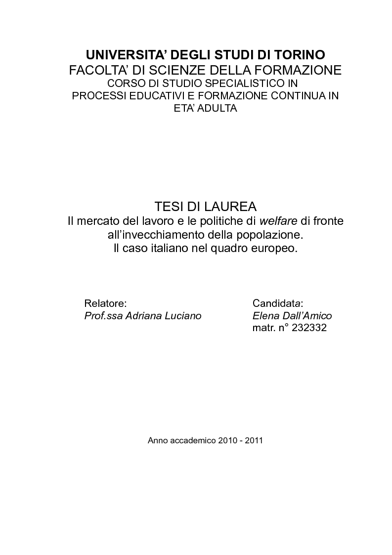 Anteprima della tesi: Il mercato del lavoro e le politiche di welfare di fronte all'invecchiamento della popolazione. Il caso italiano nel quadro europeo., Pagina 1