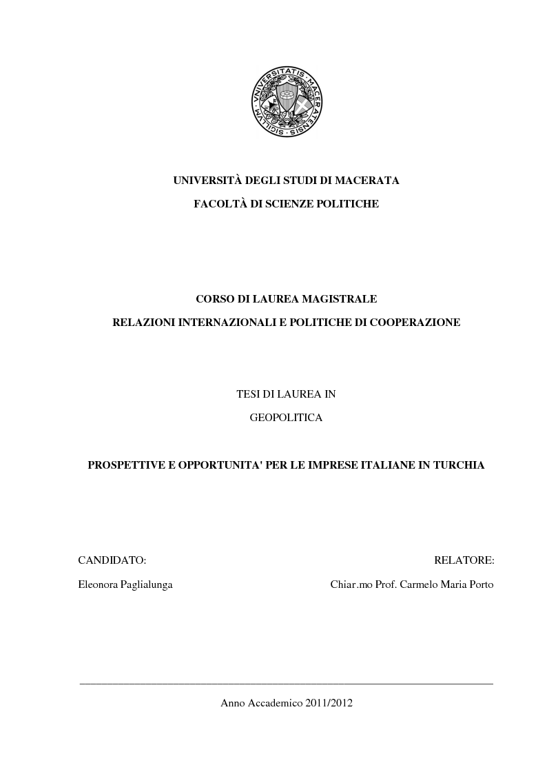 Anteprima della tesi: Prospettive e opportunità per le imprese italiane in Turchia, Pagina 1