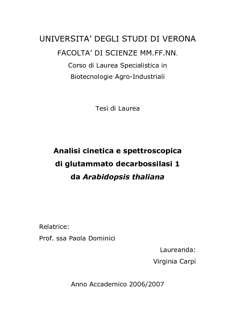 Anteprima della tesi: Analisi cinetica e spettroscopica di glutammato decarbossilasi 1 da Arabidopsis thaliana, Pagina 1