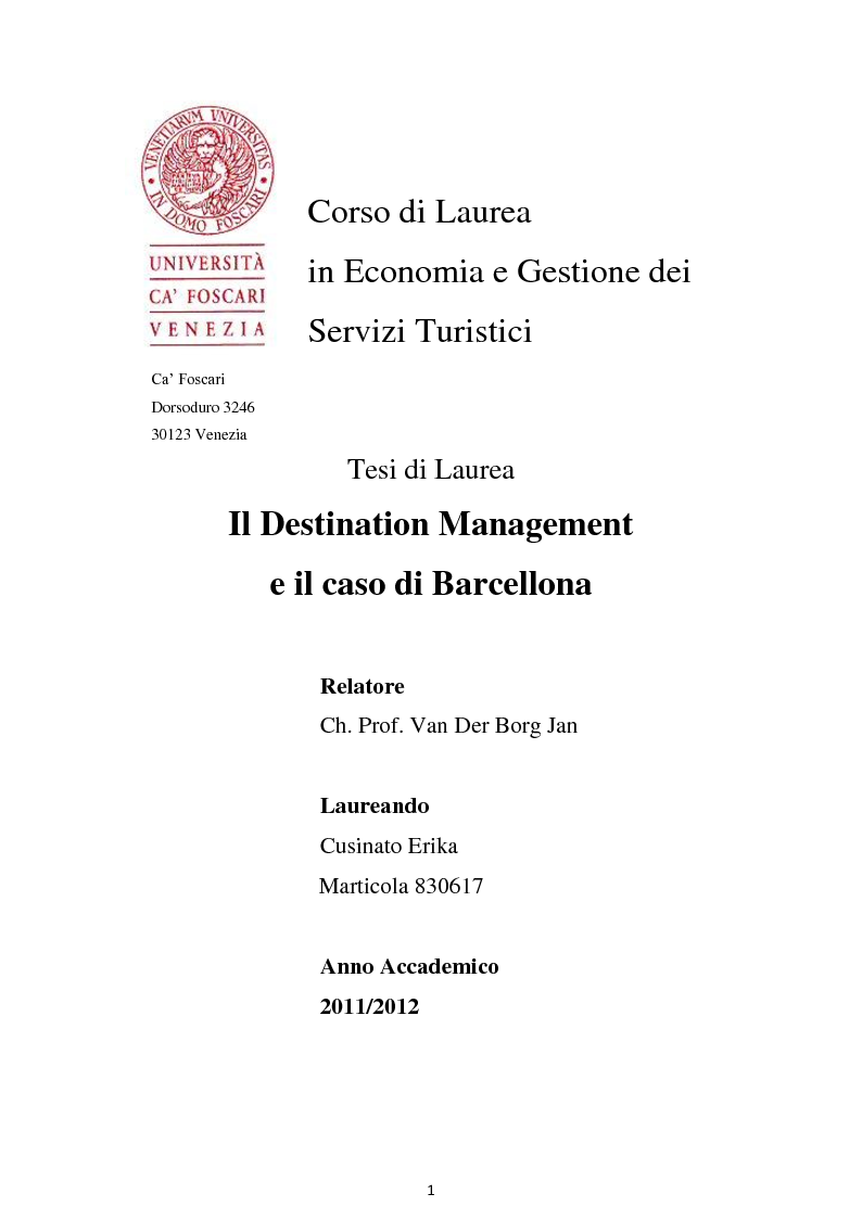 Anteprima della tesi: Il Destination Management e il caso di Barcellona, Pagina 1