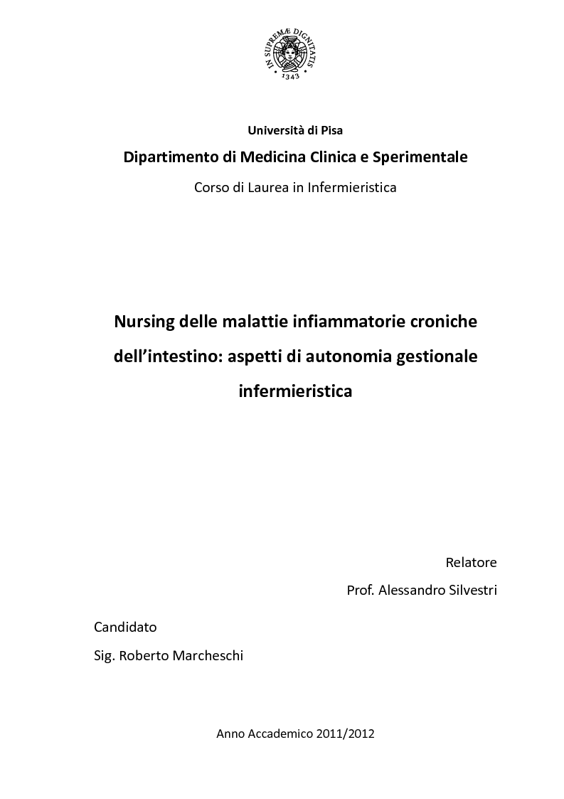 Anteprima della tesi: Nursing delle Malattie Infiammatorie Croniche dell'Intestino: aspetti di autonomia gestionale infermieristica, Pagina 1