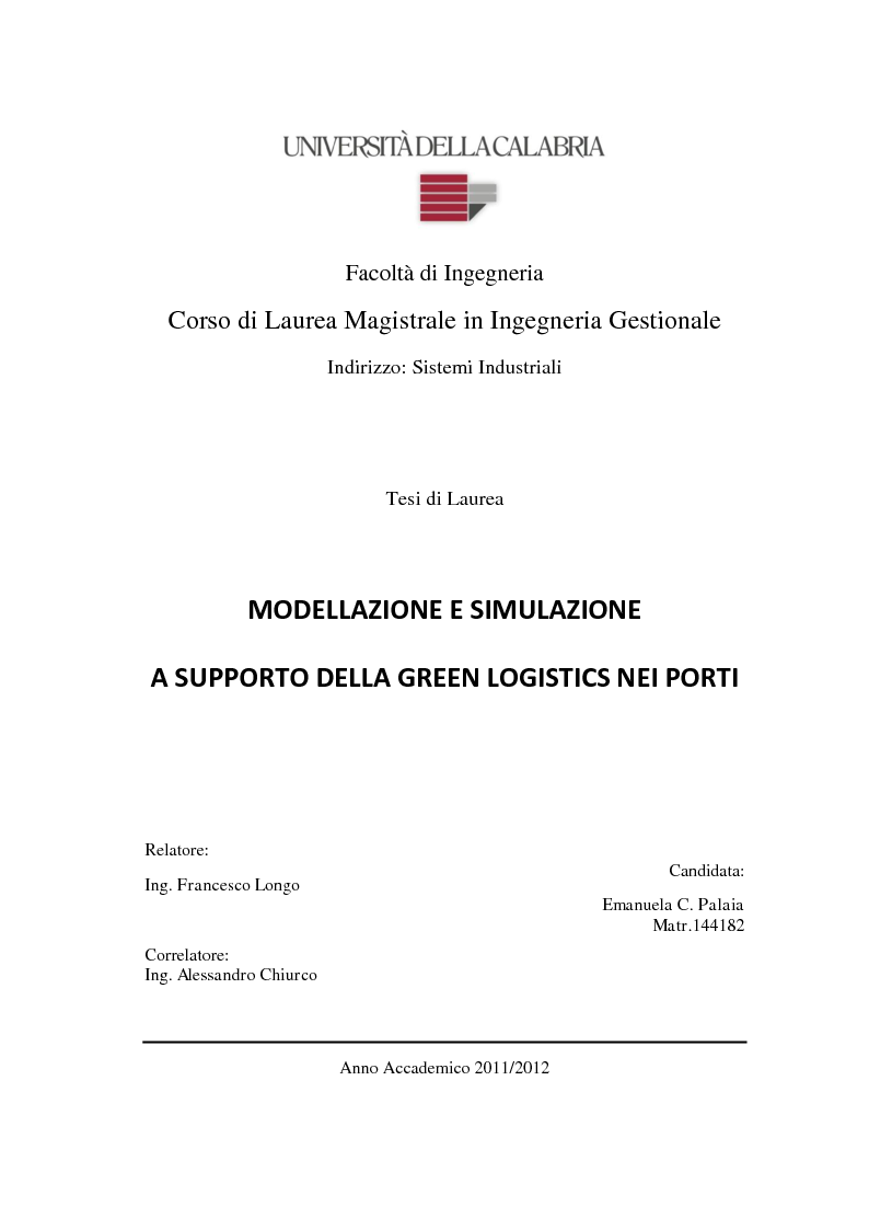 Anteprima della tesi: Modellazione e Simulazione a supporto della Green Logistics nei porti, Pagina 1