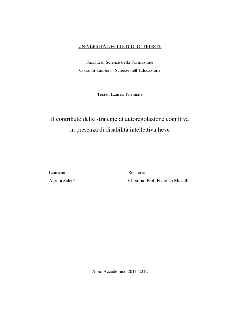 Anteprima della tesi: Il contributo delle strategie di autoregolazione cognitiva in presenza di disabilità intellettiva lieve, Pagina 1