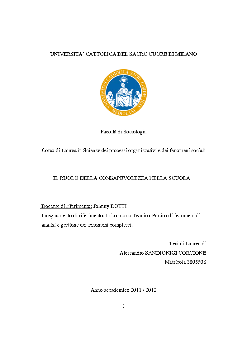 Anteprima della tesi: Il ruolo della consapevolezza nella scuola, Pagina 1