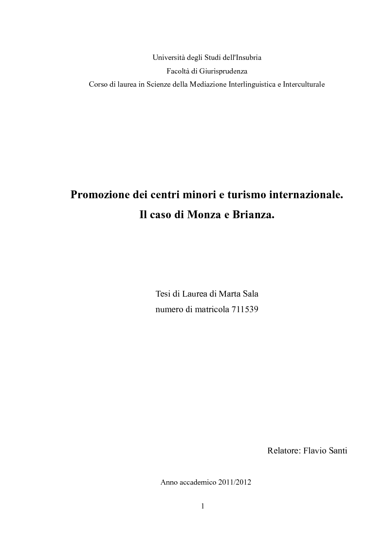 Anteprima della tesi: Promozione dei centri minori e turismo internazionale. Il caso di Monza e Brianza., Pagina 1