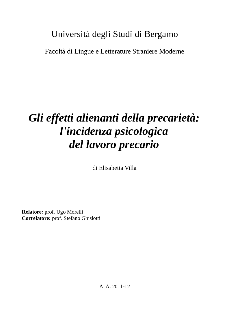 Anteprima della tesi: Gli effetti alienanti della precarietà: l'incidenza psicologica del lavoro precario, Pagina 1