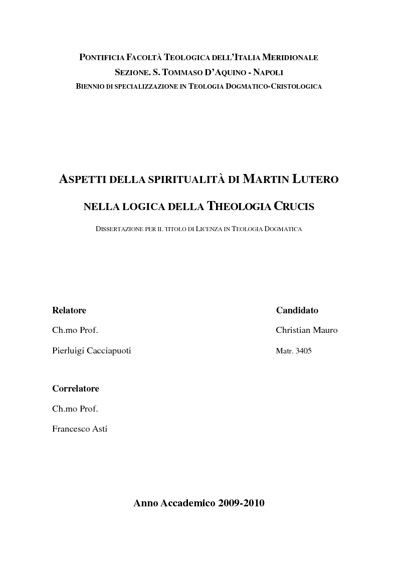 Anteprima della tesi: Aspetti della spiritualità di Martin Lutero nella logica della Theologia Crucis, Pagina 1