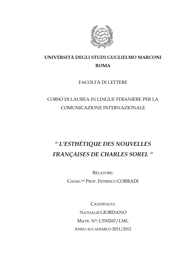 Anteprima della tesi: L'esthétique des Nouvelles Françaises de Charles Sorel, Pagina 1