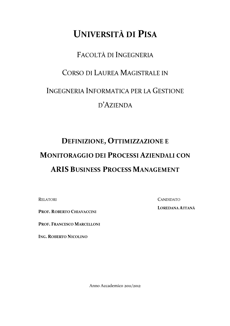Anteprima della tesi: Definizione, ottimizzazione e monitoraggio dei processi aziendali con ARIS Business Process Management, Pagina 1
