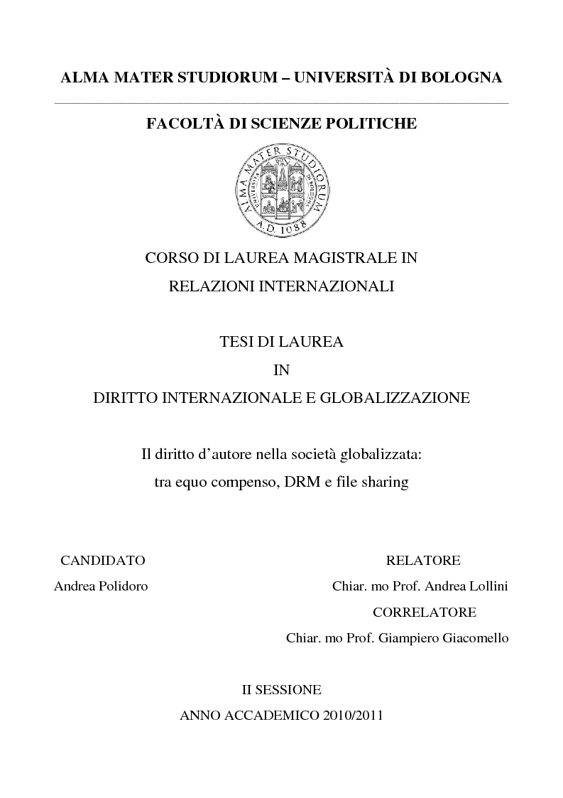 Anteprima della tesi: Il diritto d’autore nella società globalizzata: tra equo compenso, DRM e file sharing, Pagina 1