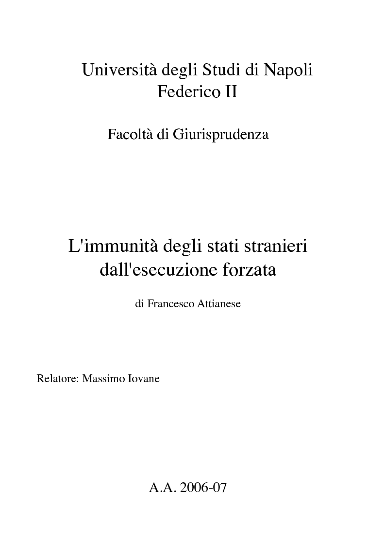 Anteprima della tesi: L'immunità degli stati stranieri dall'esecuzione forzata, Pagina 1
