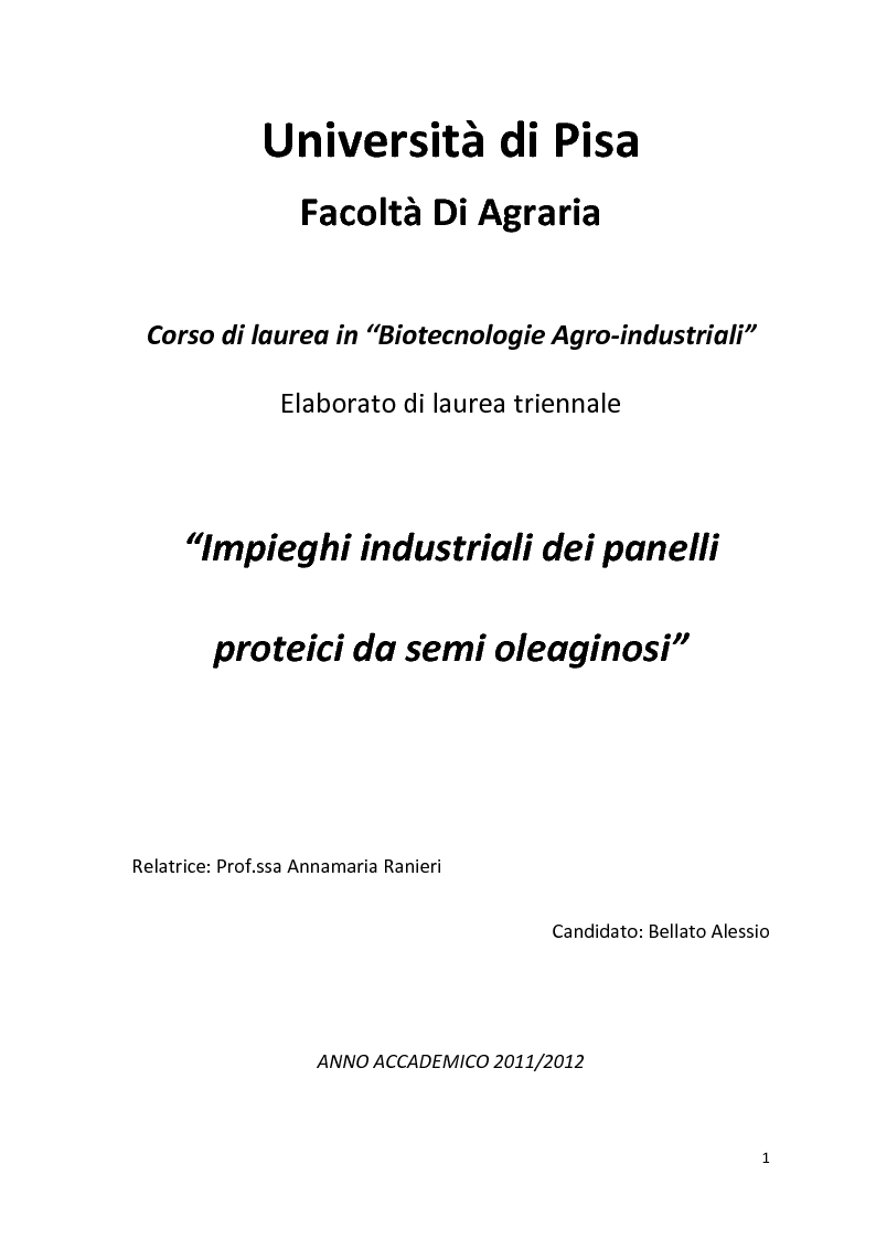 Anteprima della tesi: Impiego industriale dei panelli proteici derivanti da semi oleaginosi, Pagina 1