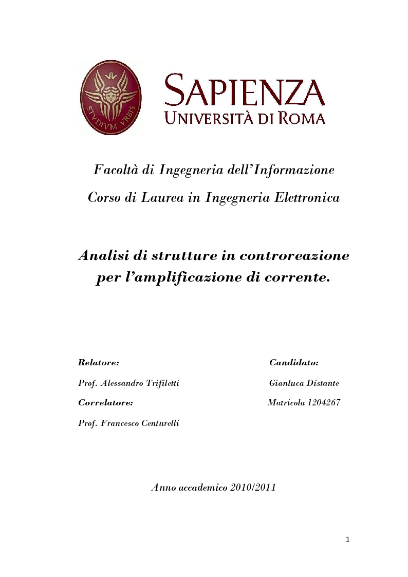 Anteprima della tesi: Analisi di strutture in controreazione per l’amplificazione di corrente, Pagina 1