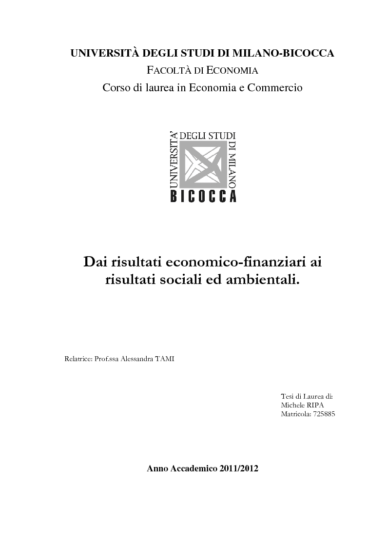 Anteprima della tesi: Dai risultati economico-finanziari ai risultati sociali ed ambientali, Pagina 1