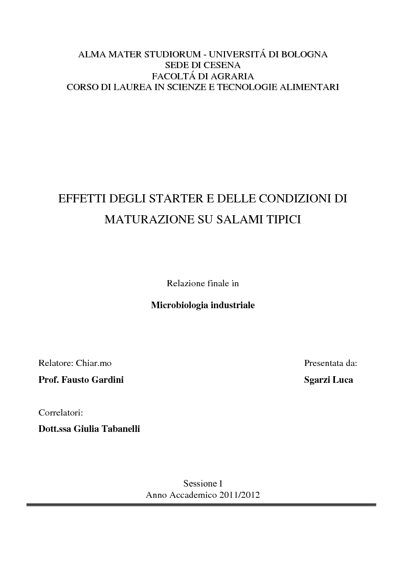 Anteprima della tesi: Effetti degli starter e delle condizioni di maturazione su salami tipici, Pagina 1
