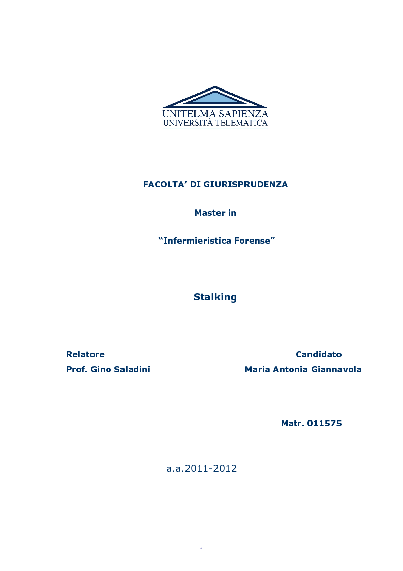 Anteprima della tesi: Stalking, Pagina 1