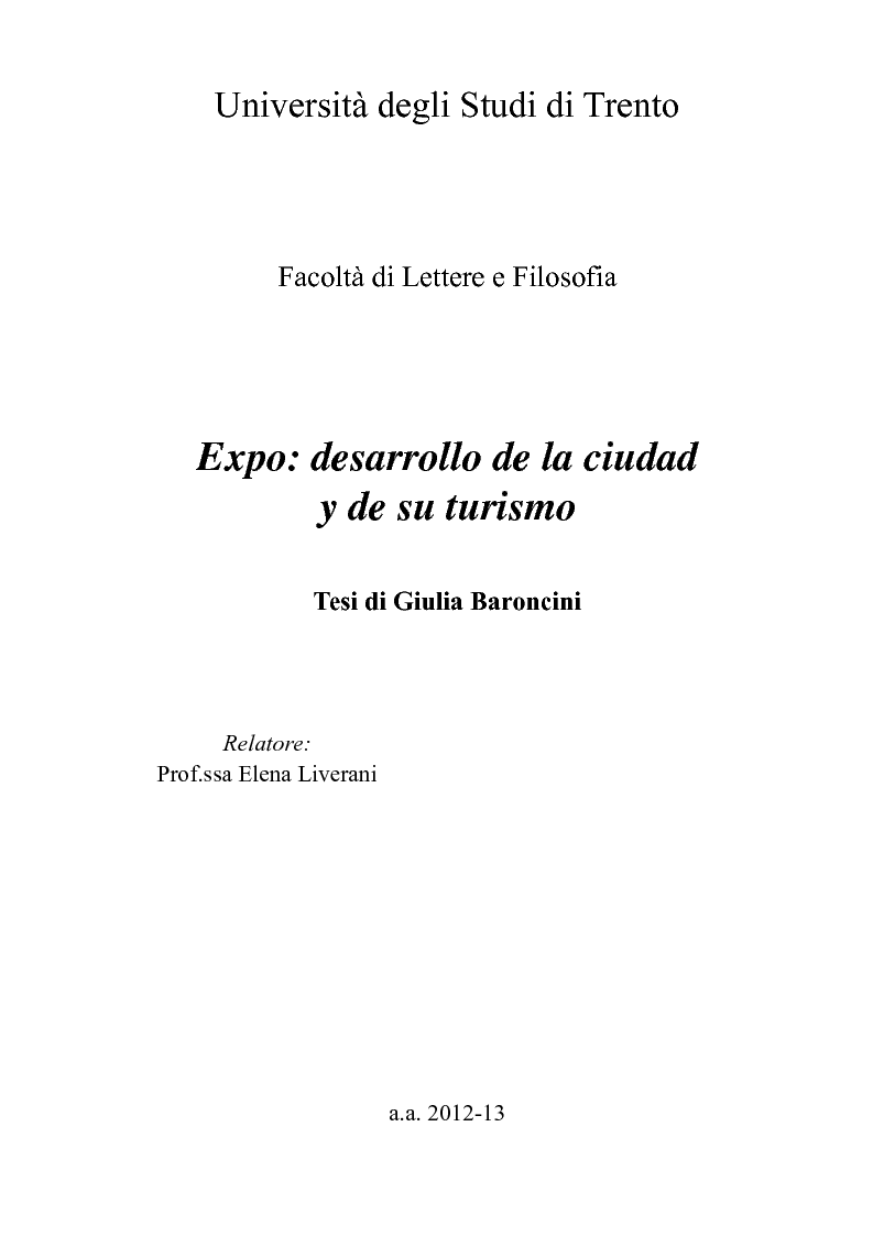 Anteprima della tesi: Expo: desarrollo de la ciudad y de su turismo, Pagina 1