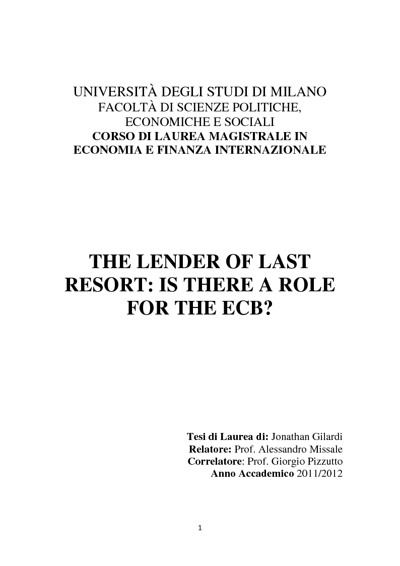 Anteprima della tesi: The Lender of Last Resort: Is There a Role for the ECB?, Pagina 1