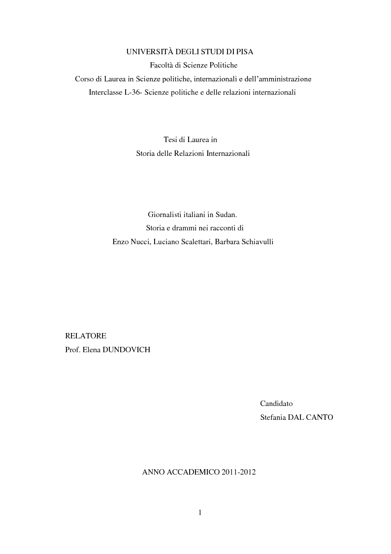 Anteprima della tesi: Giornalisti italiani in Sudan. Storia e drammi nei racconti di Enzo Nucci, Luciano Scalettari, Barbara Schiavulli, Pagina 1