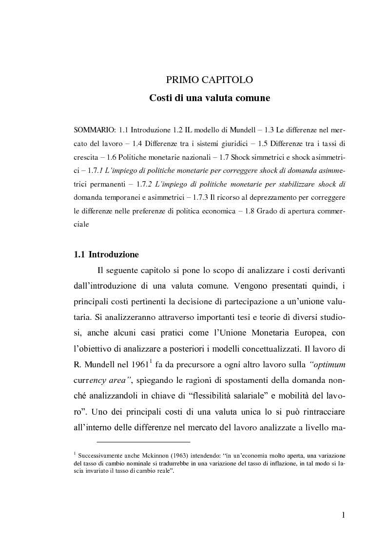 Anteprima della tesi: Le aree valutarie ottimali. Il caso UME: critiche ai criteri di Mundell, trilemmi europei di politica economica, Pagina 5