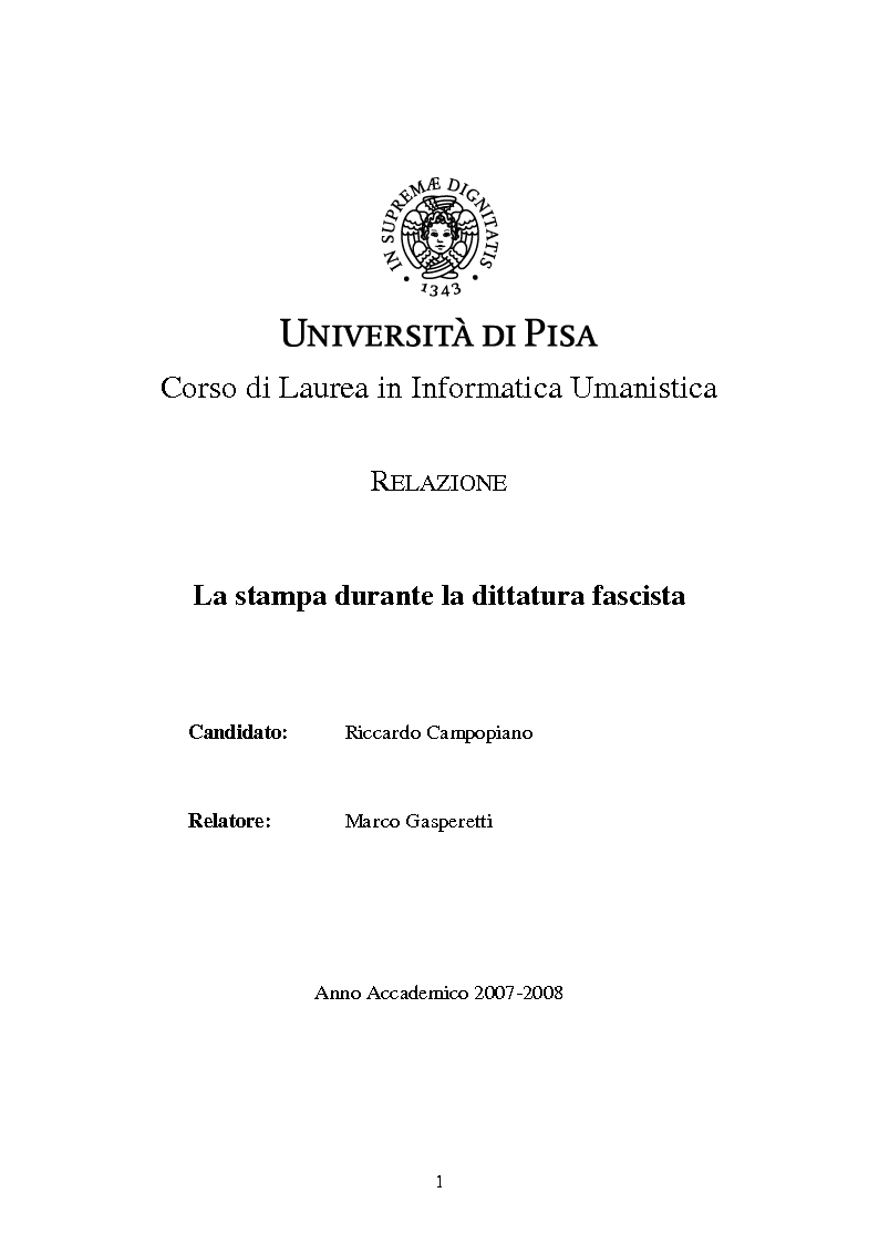Anteprima della tesi: La stampa durante la dittatura fascista, Pagina 1
